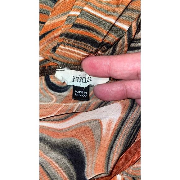 RUDA Orange Brown Print Asymmetrical Ruched Bodycon Dress Size: XS - Picture 3 of 3